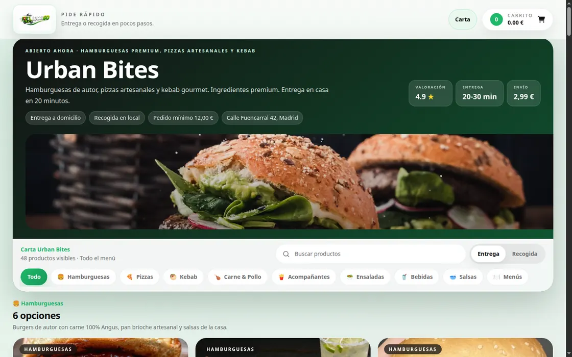 Carta online de LocalGo con hamburguesas, filtros por categoría y carrito